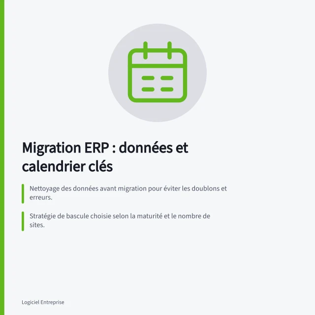 Migration ERP : données et calendrier clés: Nettoyage des données avant migration pour éviter les doublons et erreurs.; Stratégie de bascule choisie selon la maturité et le nombre de sites.; Validation par les métiers à chaque phase, avec suivi ETL et KPIs. Migrer vers un nouvel ERP : reprise des données et calendrier en PME suisse