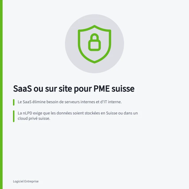 SaaS ou sur site pour PME suisse: Le SaaS élimine besoin de serveurs internes et d'IT interne.; La nLPD exige que les données soient stockées en Suisse ou dans un cloud privé suisse.; Le SaaS permet d'ajuster utilisateurs et fonctionnalités en temps réel sans coût fixe. SaaS ou sur site : critères pour une PME suisse