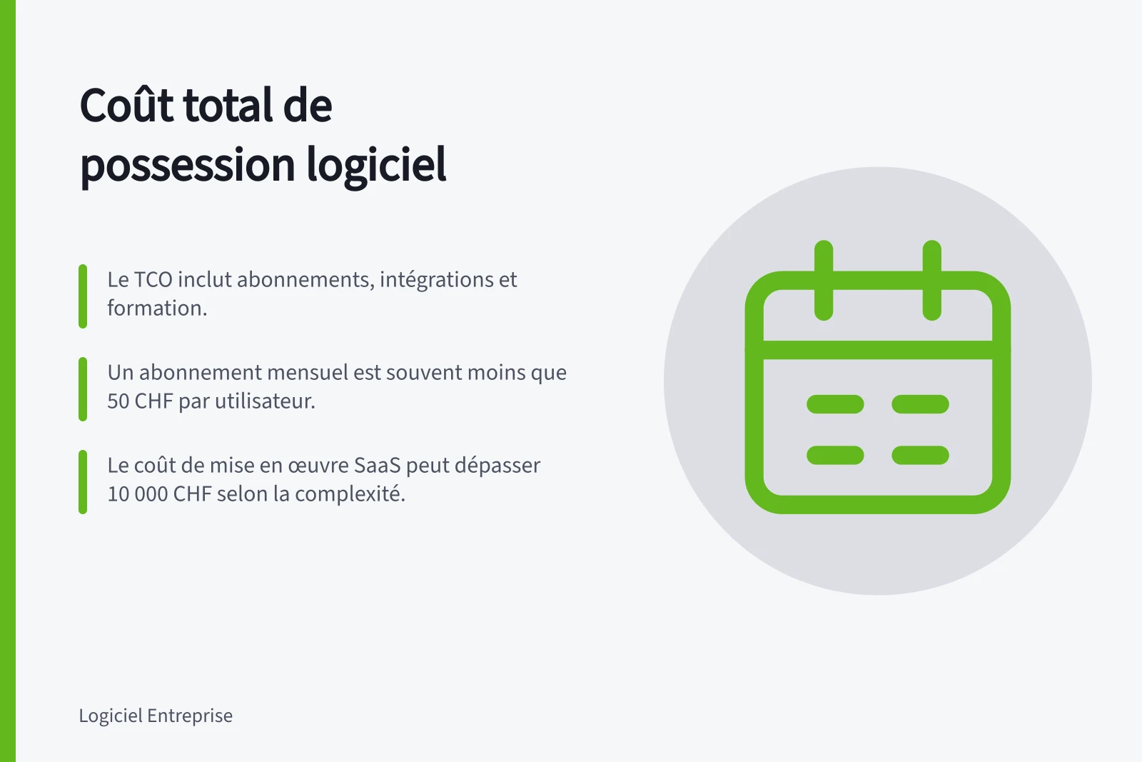 Coût total de possession logiciel: Le TCO inclut abonnements, intégrations et formation.; Un abonnement mensuel est souvent moins que 50 CHF par utilisateur.; Le coût de mise en œuvre SaaS peut dépasser 10 000 CHF selon la complexité.