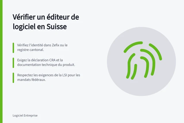 Vérifier un éditeur de logiciel en Suisse: Vérifiez l'identité dans Zefix ou le registre cantonal.; Exigez la déclaration CRA et la documentation technique du produit.; Respectez les exigences de la LSI pour les mandats fédéraux. Verificare un editore di software in Svizzera: registro di commercio, certificazioni e referenze